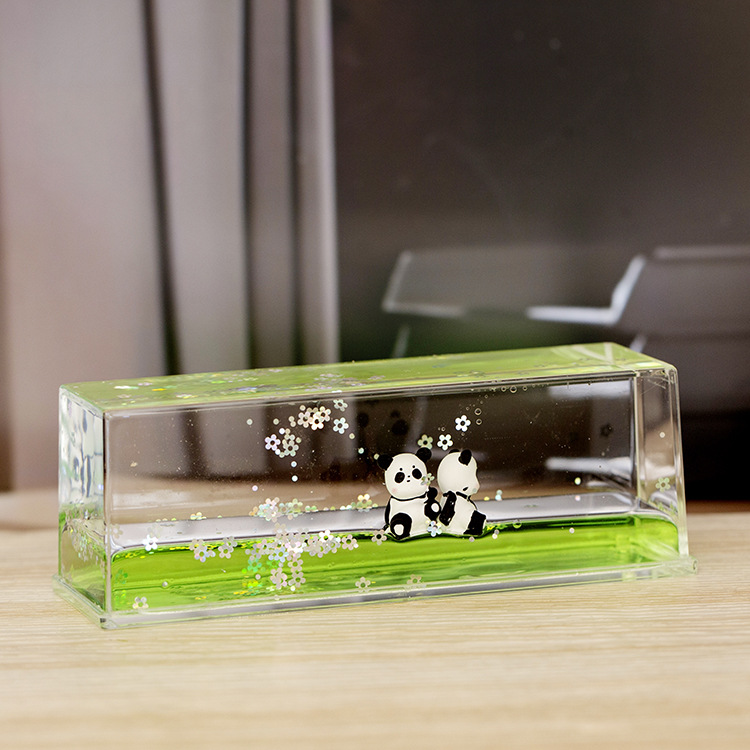 Acrílico transparente panda gota de aceite reloj de arena líquido botella de arena flotante regalo de cumpleaños para niños decoración de escritorio de oficina