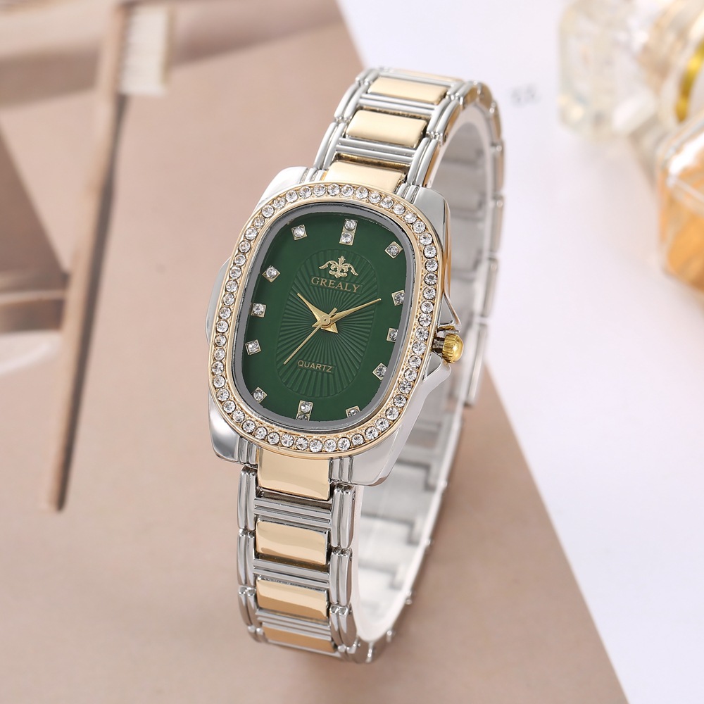 Cross-border nuevo rhinestone reloj de lujo de las mujeres multicolor Oval dial de moda temperamento medio dial reloj de las mujeres