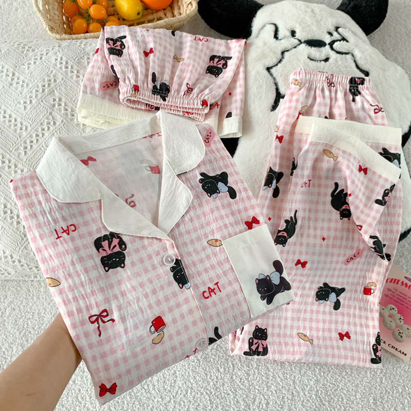 High-Looking Cloud Cotton Pajamas for Women Summer Cute Bow Cat Home Clothes Short-Sleeved Three-Piece Set Real Shot Wholesale High-Looking Cloud Cotton Pajamas for Women Summer Cute Bow Cat Home Clothes Short-Sleeved Three-Piece Set Real Shot Wholesale
