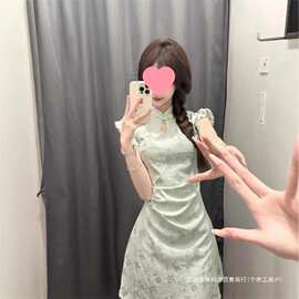 新中式改良旗袍连衣裙女夏收腰小飞袖绿色大码女装感春季新款涤纶