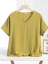 薄款休闲棉绸上衣女夏季宽松显瘦V领t恤人造棉短袖时尚百搭衬衫