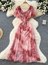 法式甜美娃娃领泡泡袖碎花连衣裙女夏季2025新款收腰气质雪纺长裙