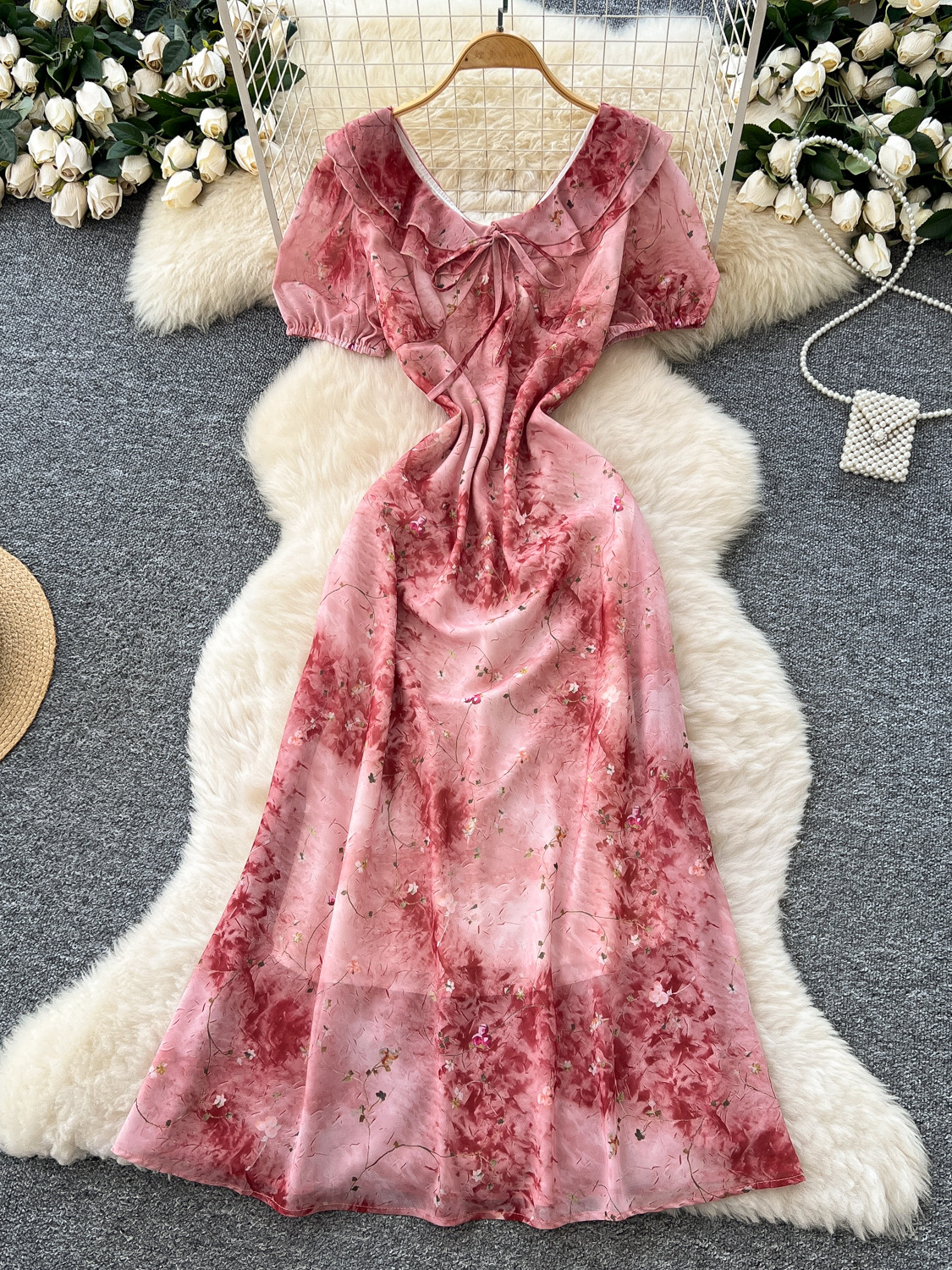 法式甜美娃娃领泡泡袖碎花连衣裙女夏季2025新款收腰气质雪纺长裙