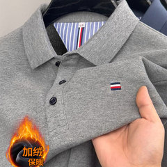 秋冬季爆款跨境男士长袖加绒加厚polo仿棉休闲翻领t恤翻领打底衫