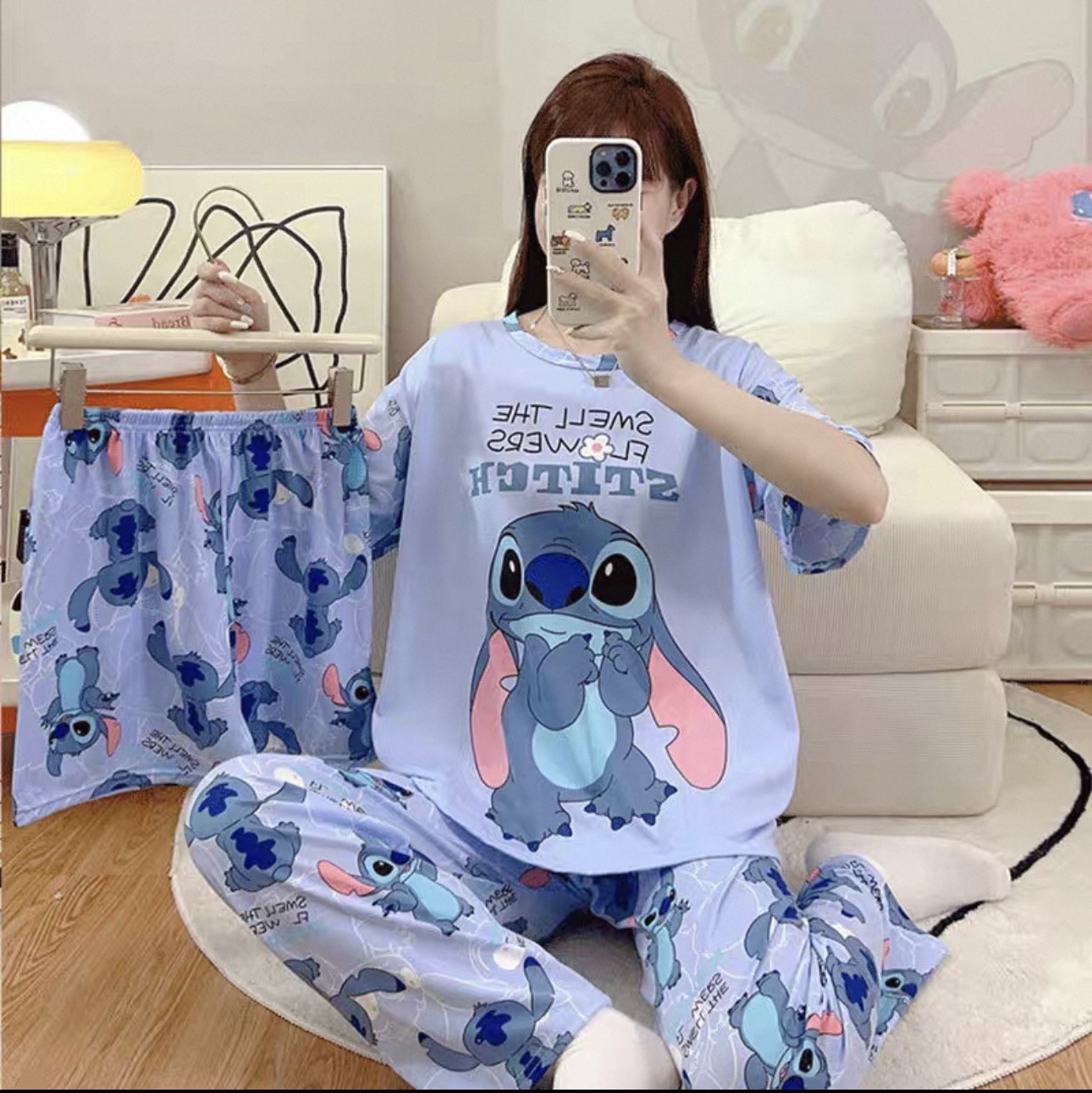 [conjunto de tres piezas] pijamas de mujer nuevo cuello redondo de verano manga corta ropa casera casual pantalones cortos sueltos set
