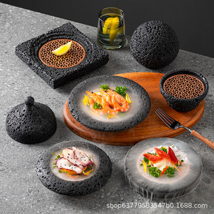 Online celebrity explore planet stone bowl barbecue meteorite volcanic ball position round plate smoked moon dry ice tableware
