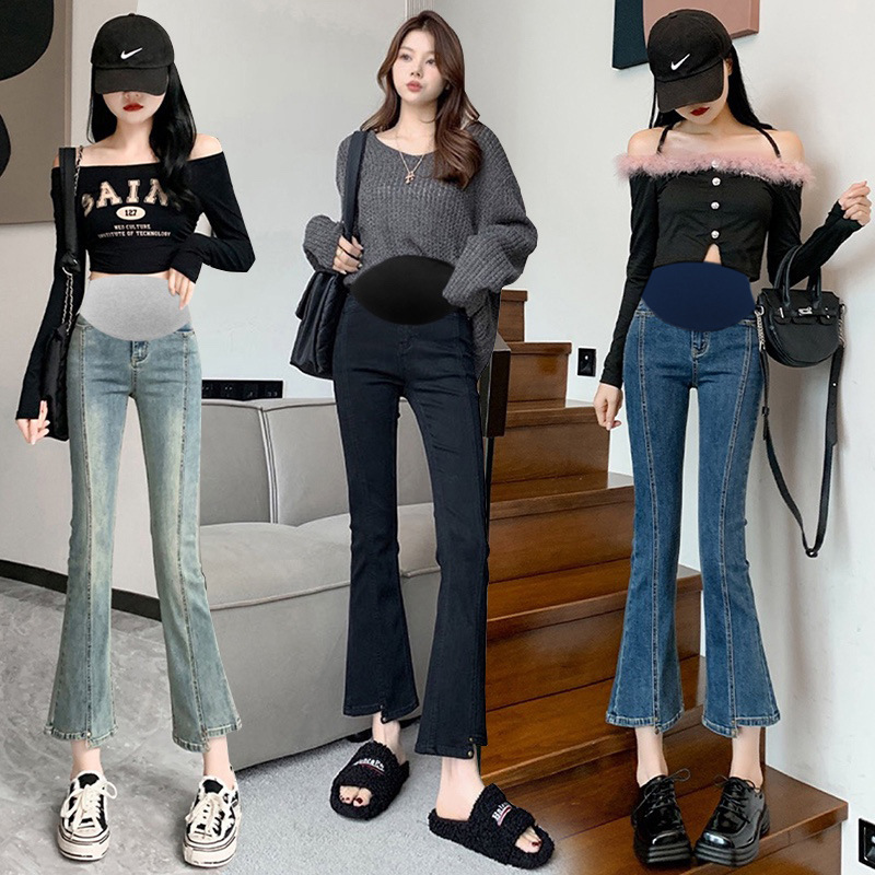 9286 Maternity Jeans Fashionable Flared Pants Summer Casual Wear Trendy Mom Casual Cropped Pants with Belly Support 9286 Maternity Jeans Fashionable Flared Pants Summer Casual Wear Trendy Mom Casual Cropped Pants with Belly Support