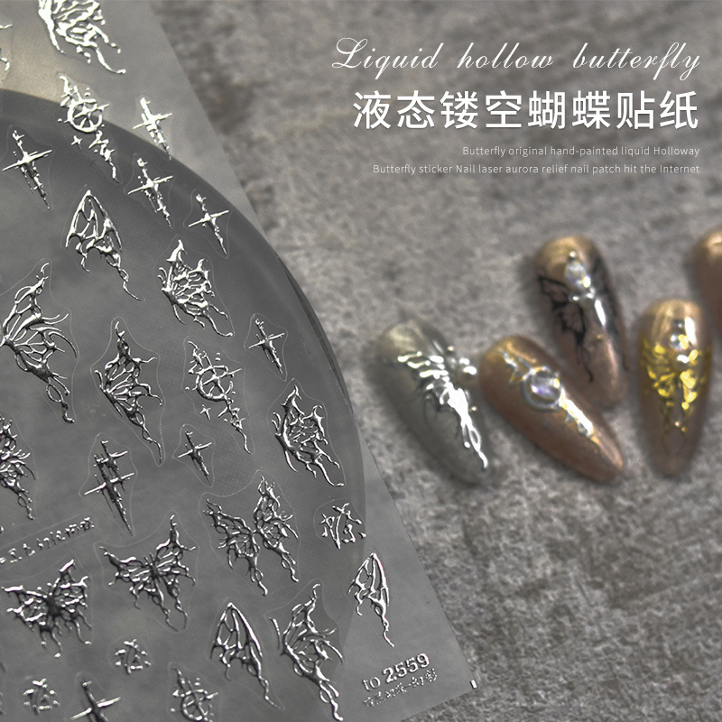 Estilo japonés líquido mariposa pegatinas de uñas estampado láser de alivio de metal pegatinas hueco retro impermeable uñas pegatinas al por mayor