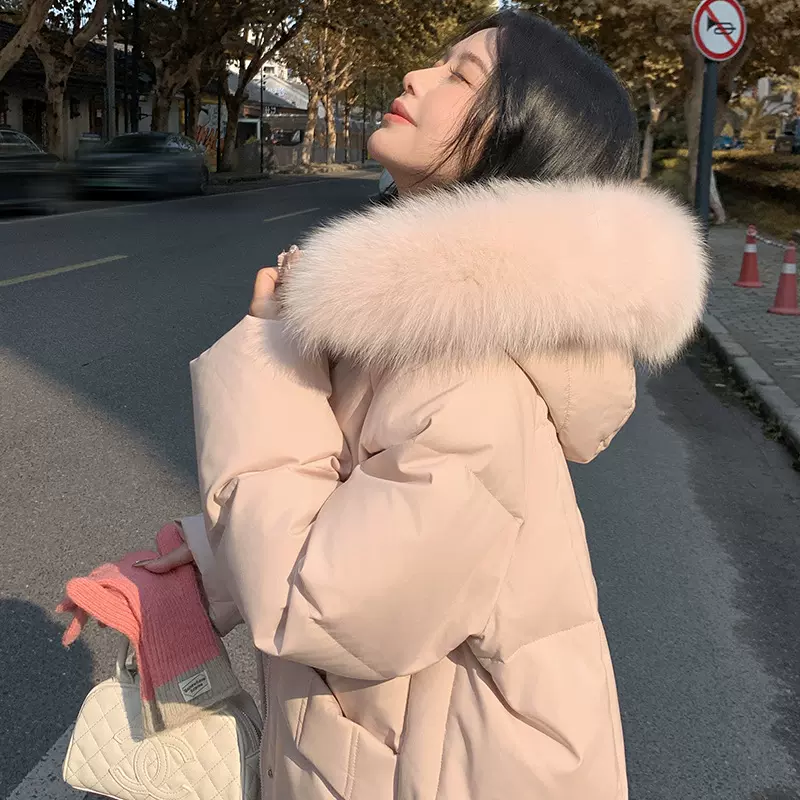 羽绒服女2025冬季新款韩系中长款宽松加厚90白鸭绒连帽网红羽绒服