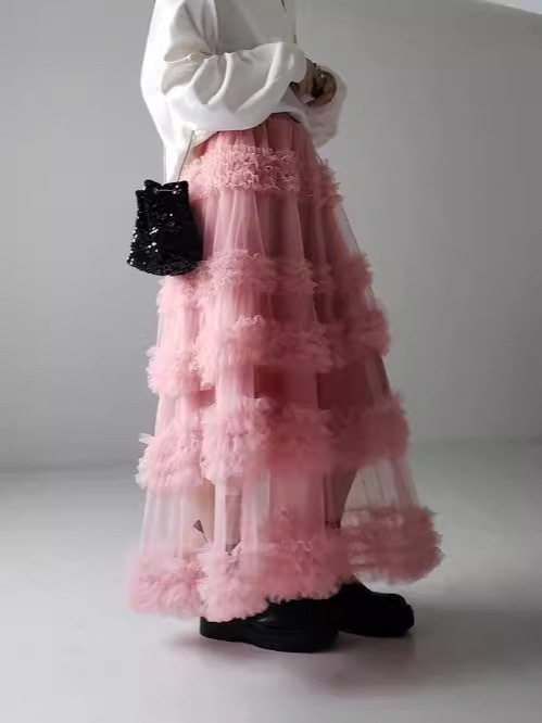 厳選された春夏向けガーゼスカート、新作日本風ロングスカート、女性用、露出防止三層手縫いメッシュAラインスカート