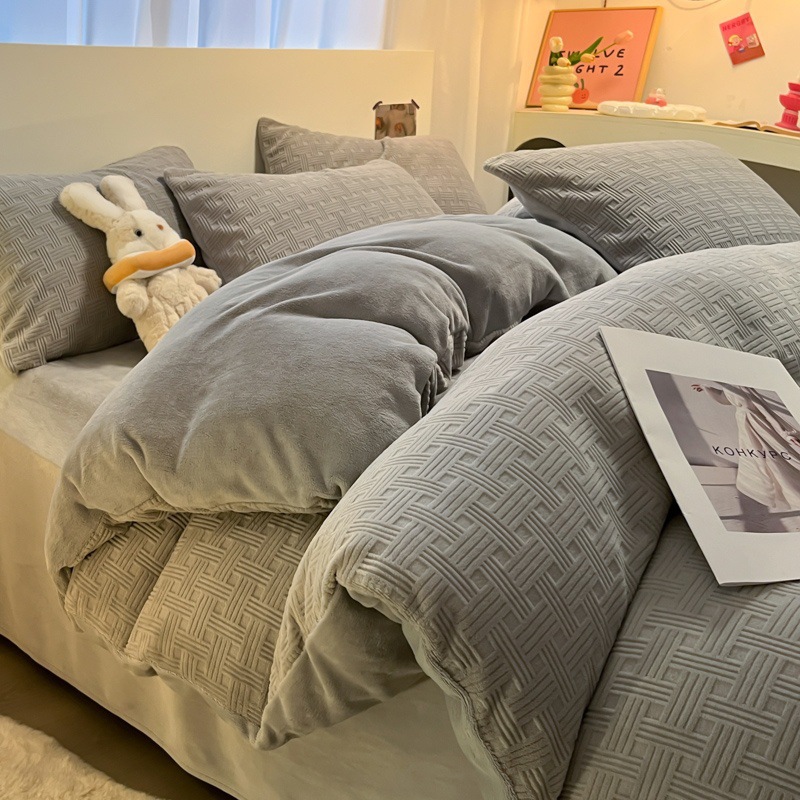 厚いワッフルミルクの毛の4つのセットの3dの立体の彫刻の冬の宝の宝の毛の3つのセットのシーツのベッドの笠の金