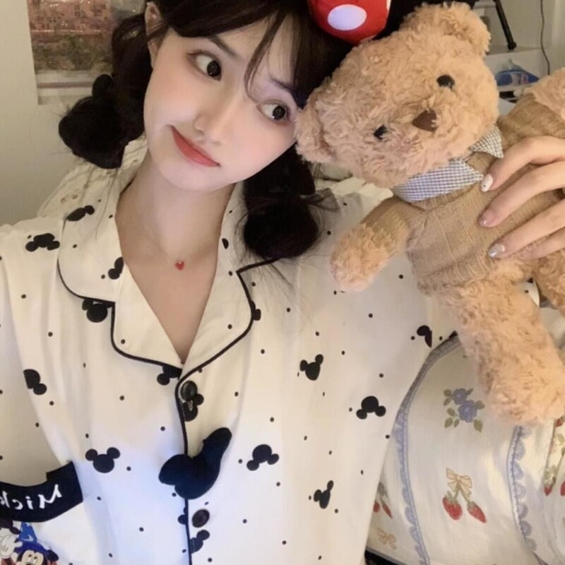 Girls Student Dormitory Cardigan Pajamas Women's Summer Cartoon Mickey Cute Short-Sleeved Shorts Home Clothes Outer Wear Suit Girls Student Dormitory Cardigan Pajamas Women's Summer Cartoon Mickey Cute Short-Sleeved Shorts Home Clothes Outer Wear Suit