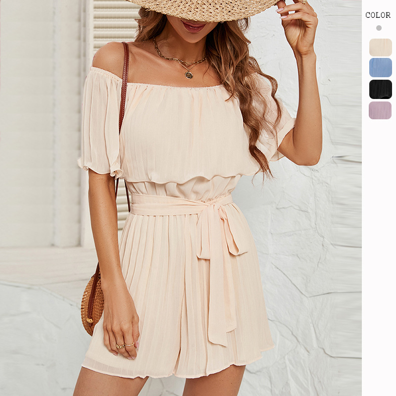 Amazon transfronterizo de comercio exterior ropa de mujer estación europea verano nuevo fuera del cuello sexy plisado mono de media manga para mujeres