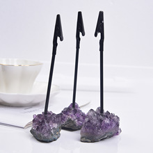 天然紫水晶簇便签夹创意桌面名片夹留言夹紫水晶原石工艺品摆件