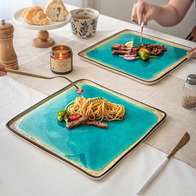 Plato azul marino de alto valor, plato cuadrado de cerámica, plato de platos caseros, plato de filete, exportación transfronteriza de cubiertos esmaltados por hielo