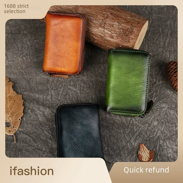 Genuine Leather Zipper Small Card Holder, First Layer Cowhide Mini Card Wallet with Multiple Card Slots, Solid Color Vintage Soft Wallet Wholesale Card Holder