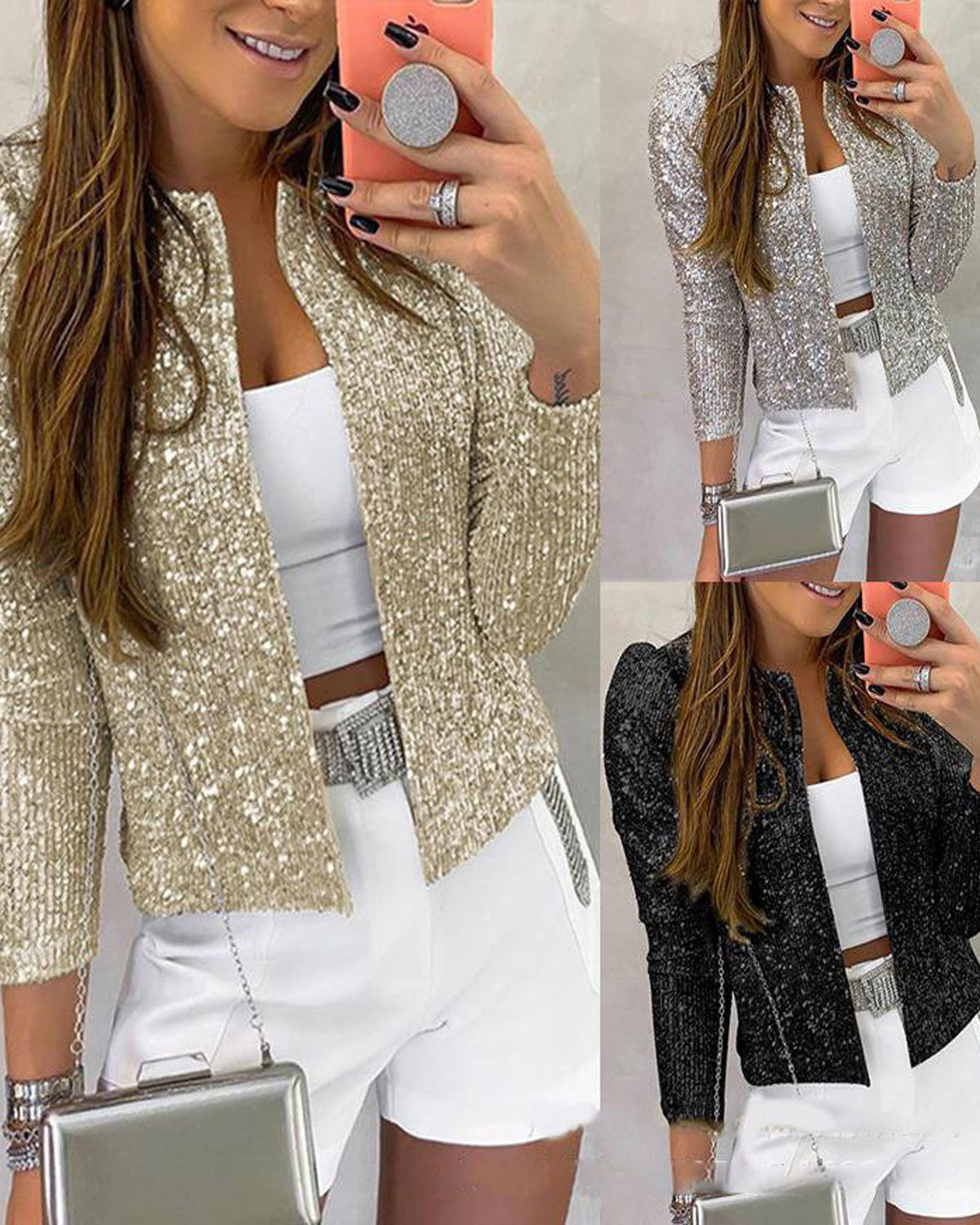 Women's Fashion Solid Color Sequins Patchwork Placket Coat Jacket display picture 4