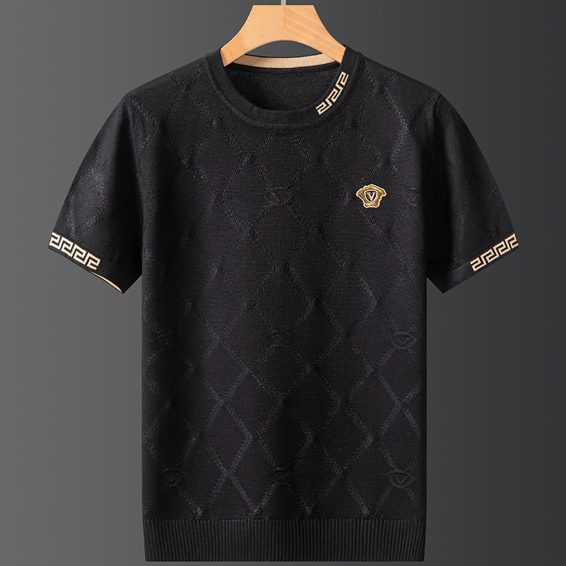 Men's Sweater Short-sleeved Fashion Trend Autumn and Winter Knitted Half-sleeved T-shirt plus size Warm Base T-shirt Silk Cotton
