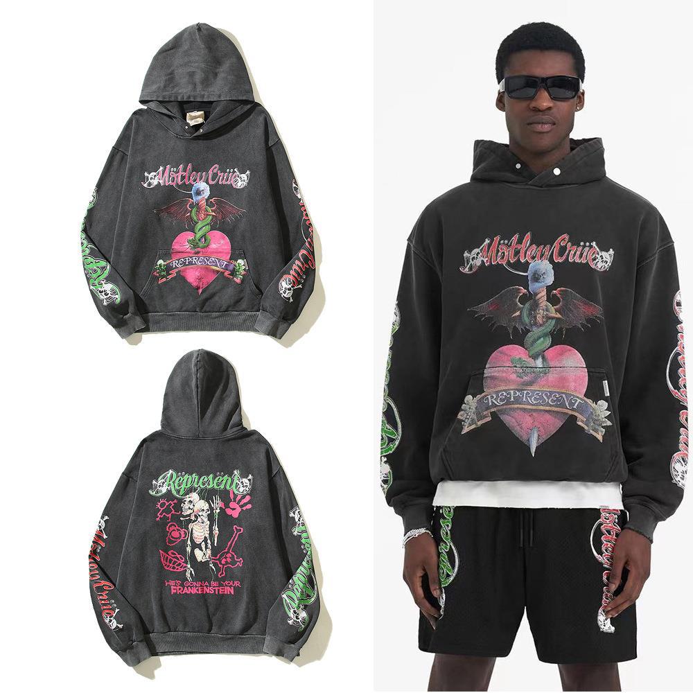 Rappresenta Rock Band Teschio Mostro Diavolo Cuore Lavato Vecchio Cappotto con Cappuccio_voghion.com