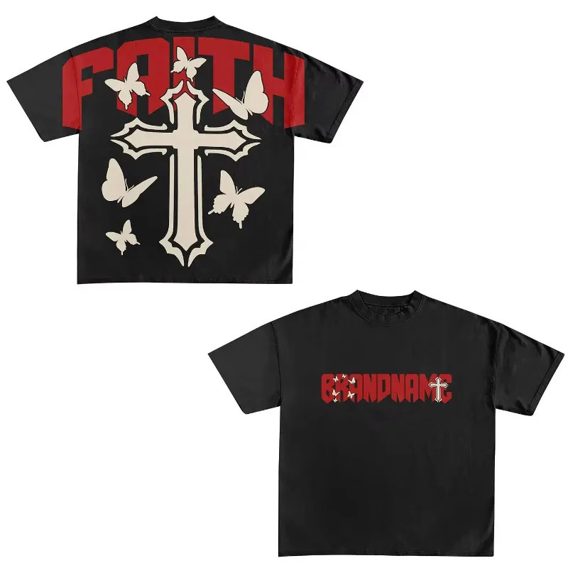 Verano estilo americano retro impresión oscura lavado con agua hace viejos bloques sueltos oversize hip hop skate camiseta de manga corta