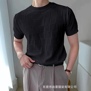 跨境定制热卖款圆领方块格纹短袖针织衫男休闲复古半袖T恤