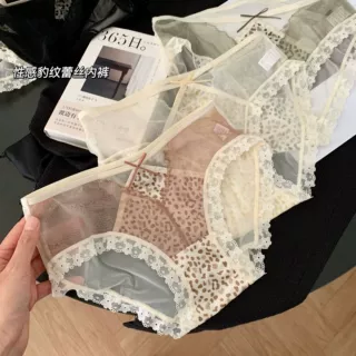 性感豹纹辣妹内裤女纯欲镂空蕾丝三角内裤女士桑蚕丝加长裆中低腰