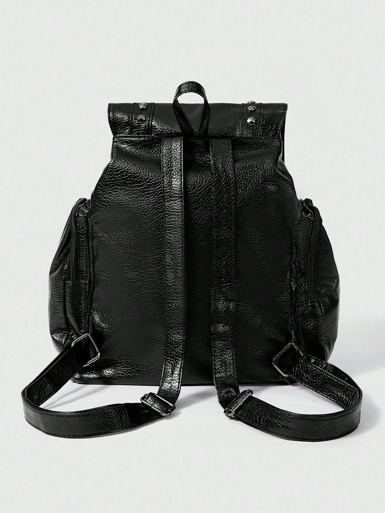 Export Crossborder Wasserstoßkaschierung Litchi-Struktur PU-Leder Nieten Motorradjacke Windbreaker Rucksack Kreuz Doppelschulter Rucksack Großvolumiges Damen-Handtasche