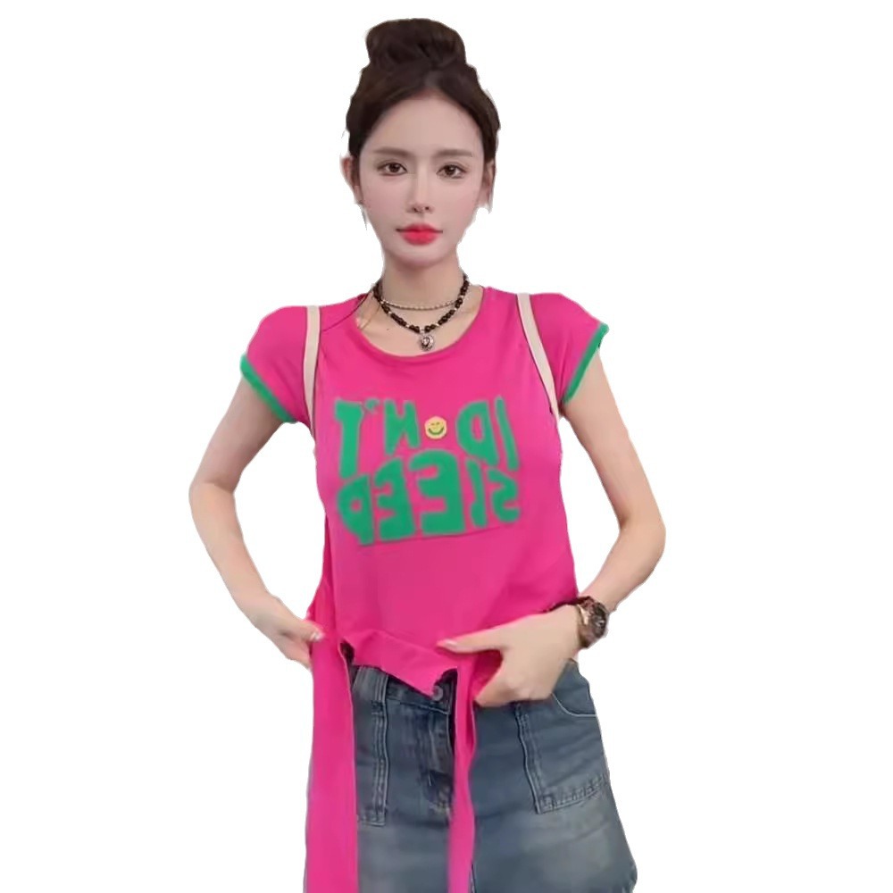 2024 verano cuello redondo color contraste dobladillo anudado camiseta de manga corta mujer nuevo estilo suelto y delgado moda talla grande top mujer