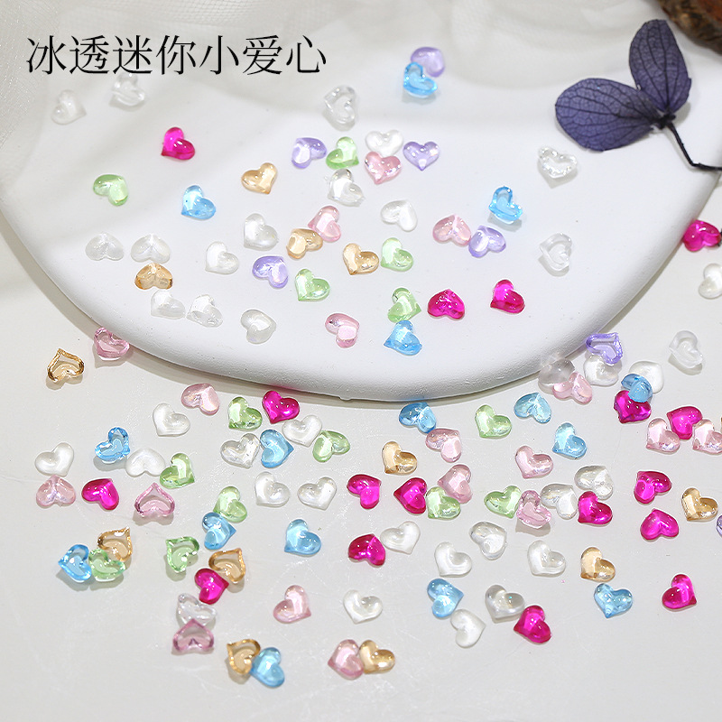 网红爆款彩色迷你爱心美甲饰品冰透立体平底小桃心树脂指甲配饰钻
