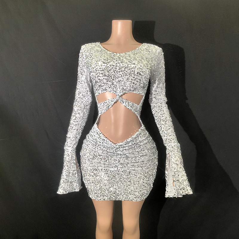 Cross-border women's one-shoulder sexy mini skirt high waist hollow nightclub party dress European and American sequins dress