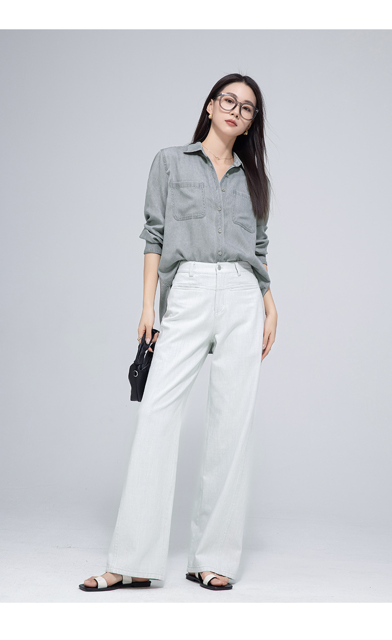 Áo sơ mi denim nữ tay dài phong cách đơn giản, chất liệu lyocell, có túi công vụ — Màu hồng chi tiết 26