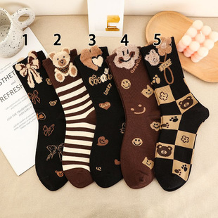New Brown series cartoon bear socks cute striped Japanese women's socks autumn and winter versatile mid-calf length socks cotton socks