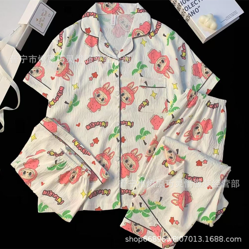Hermosos pijamas de tela de rabu mujeres primavera y otoño verano nubes de algodón dulce mangas cortas pantalones cortos de tres piezas ropa para el hogar