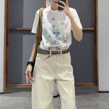 现货 江南系设计感刺绣T恤夏棉质彩色拼接线条感休闲百搭短袖女装