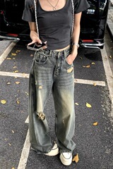 美式复古不规则毛边破洞牛仔裤女小个子高腰直筒宽松显瘦阔腿长裤