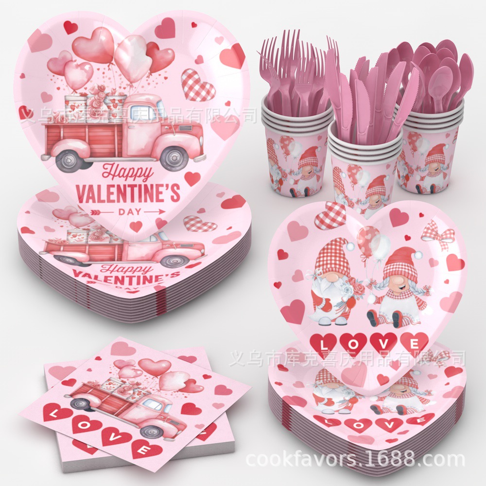 Día de San Valentín en forma de corazón cubiertos de fiesta fiesta fiesta bandeja de papel desechable taza de papel toalla de papel set