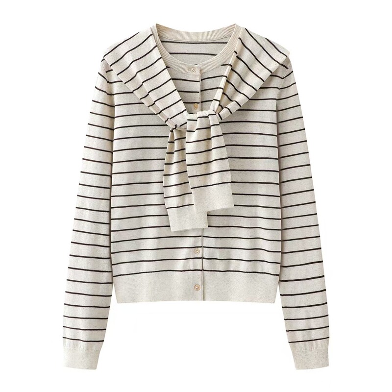 In Stock 2026 Spring New Style Elegant Casual Color-Block Striped Detachable Shawl Knit Cardigan 5H2230561