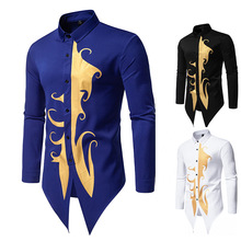 跨境男装2024秋冬亚马逊男士花卉烫金亨利领不规则设计长袖衬衫男