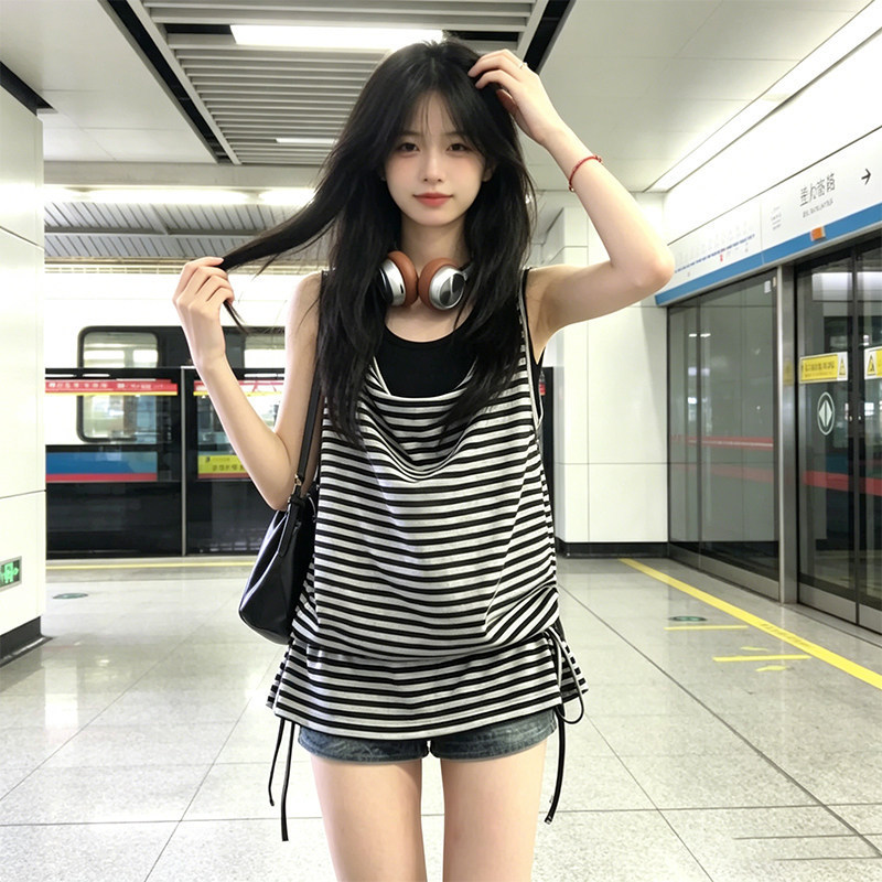 In-Stock Tencel Snowflake Korean-Style Relaxed Striped Sleeveless T-Shirt for Women, Summer Loose Slimming Tank Top Two-Piece Set In-Stock Tencel Snowflake Korean-Style Relaxed Striped Sleeveless T-Shirt for Women, Summer Loose Slimming Tank Top Two-Piece Set