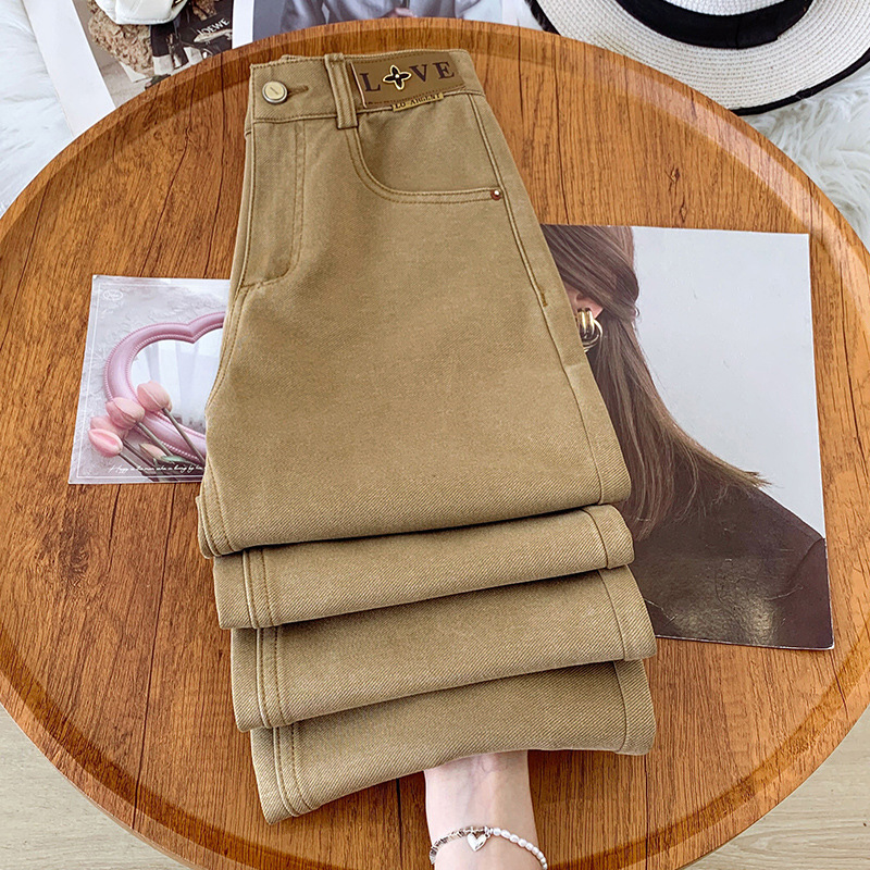 Khaki Straight-Leg Jeans for Women, Autumn and Winter 2025 New High-Waisted Slimming European Style Popular Loose Wide-Leg Pants