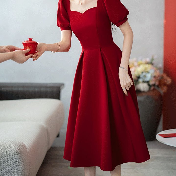 连衣裙夏季订婚礼服2025平时可穿结婚小个子酒红色新款敬酒服新娘|undefined