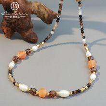 春季新款琥珀色天然石捷克珠串珠项链复古气质淡水珍珠女士锁骨链