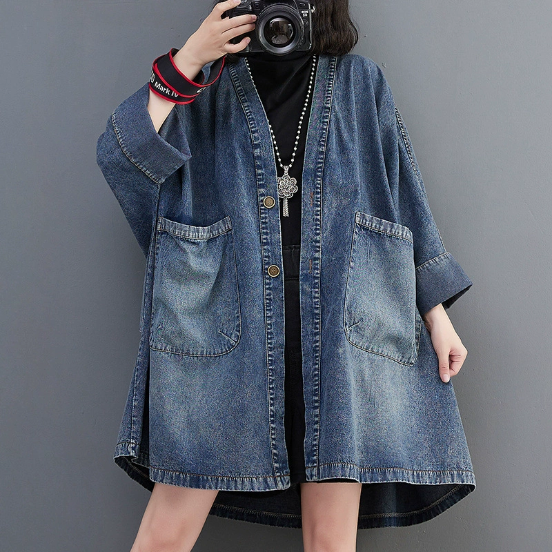 Retro denim autumn jacket, trench coat, 2022, V-neckline, oversize, mid-length