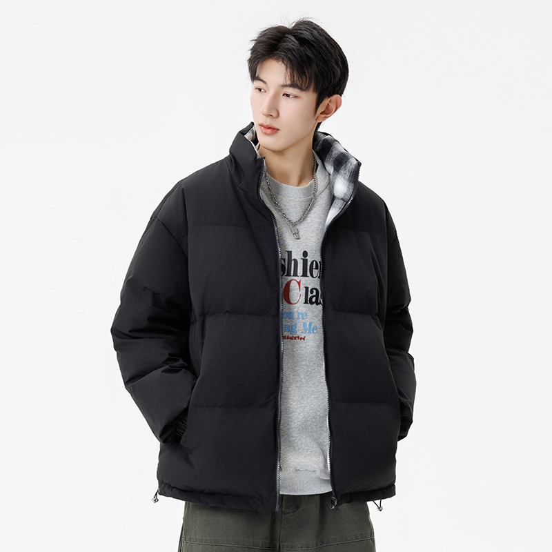 Reversible Men's down Jacket with Checkerboard Pattern, Stand Collar, Youth Plaid Coat, Thick Warm Puffer Jacket