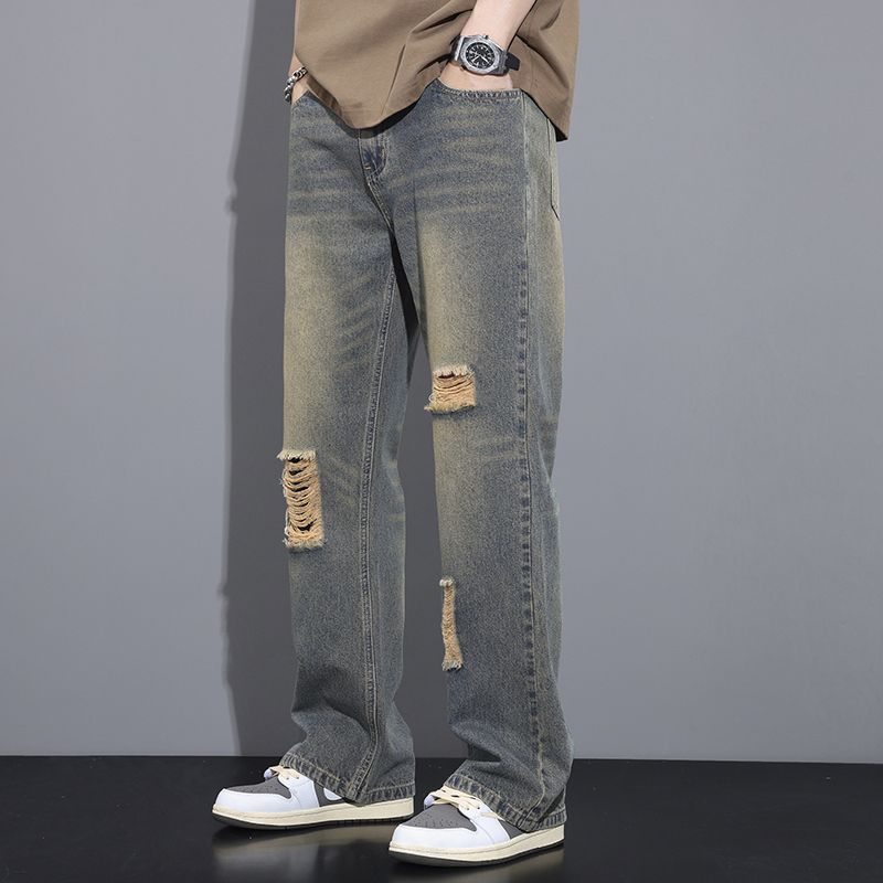 American High Street Summer Retro Men's Ripped Washed New Loose Trendy Long Jeans Straight Pants