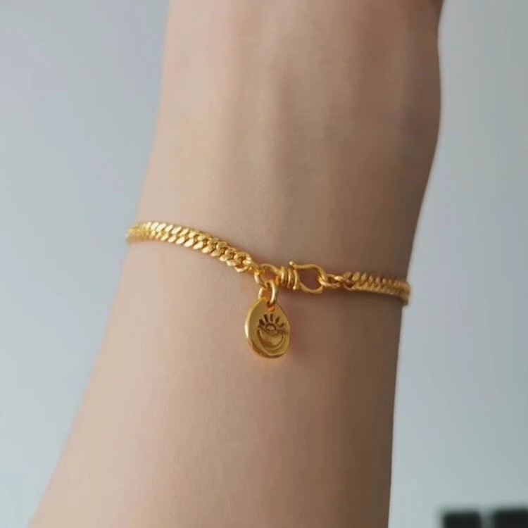 Xiaohongshu's New Gold Ingot Pendant Bracelet, Fashionable and Simple European and American Style Golden Couple Bracelet, Cuban Chain Bracelet