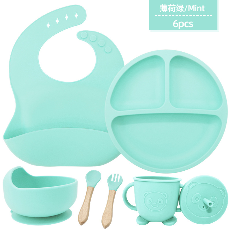 Juego de seis piezas de vajilla de silicona para niños, vajilla de alimentación para bebés para niños, tenedor, cuchara, ventosa, bolsa de arroz, taza de agua