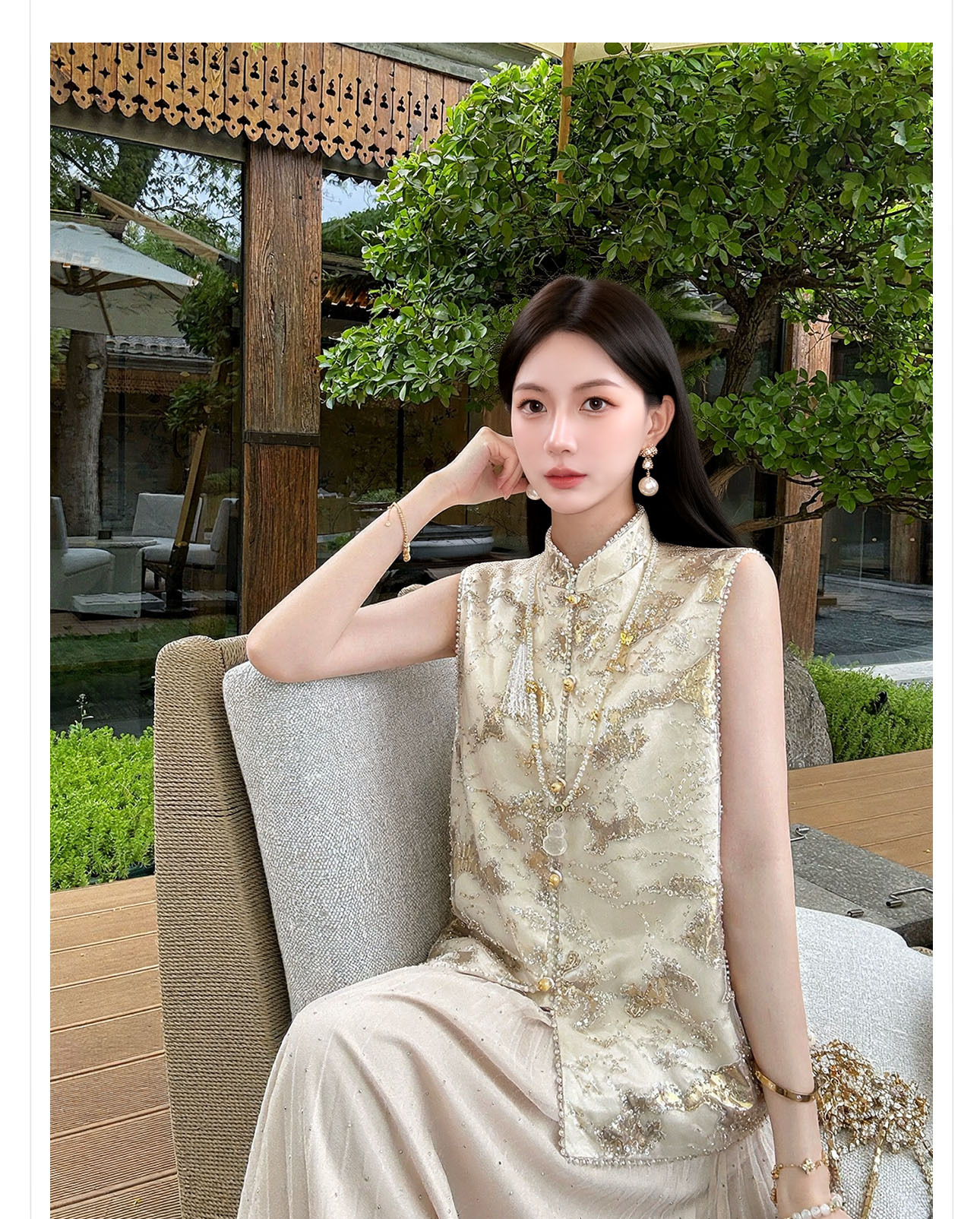 Áo gile hai dây nữ phong cách tân cổ điển cổ đứng thiết kế cao cấp — Vàng hồng chi tiết 2