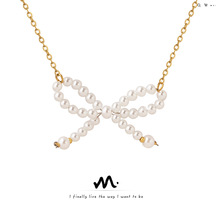 欧美ins风饰品仿珍珠蝴蝶结吊坠项链钛钢镀18K真金锁骨链配饰P815