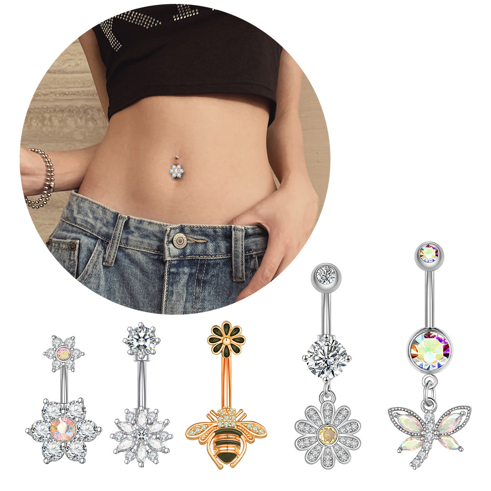 Fashion Flower Bee Stainless Steel Plating Artificial Gemstones Belly Ring display picture 1